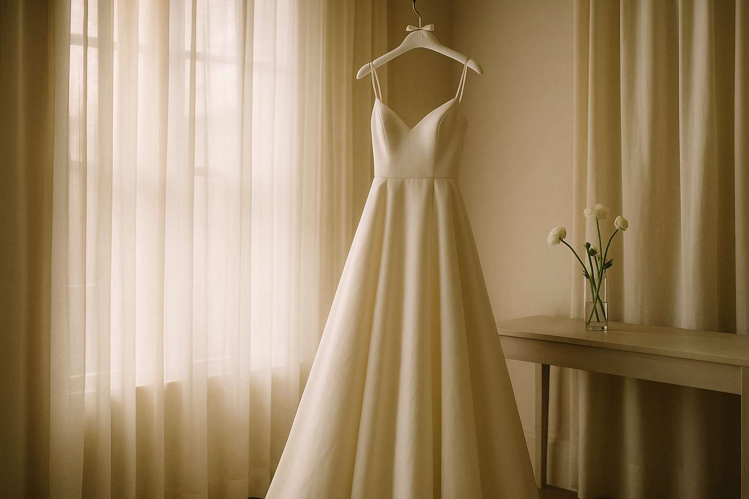 An ivory A-line wedding gown displayed on a padded hanger in a softly lit bridal boutique, surrounded by lace and tulle, with natural light filtering through sheer curtains
