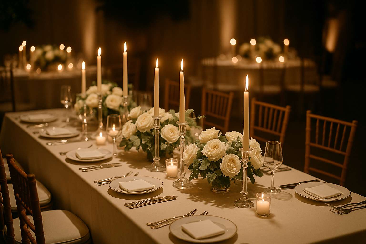 Elegant wedding reception tablescape with candlelight, crystal glassware, and lush floral centerpieces in a softly lit ballroom — an intimate, grown-up celebration atmosphere