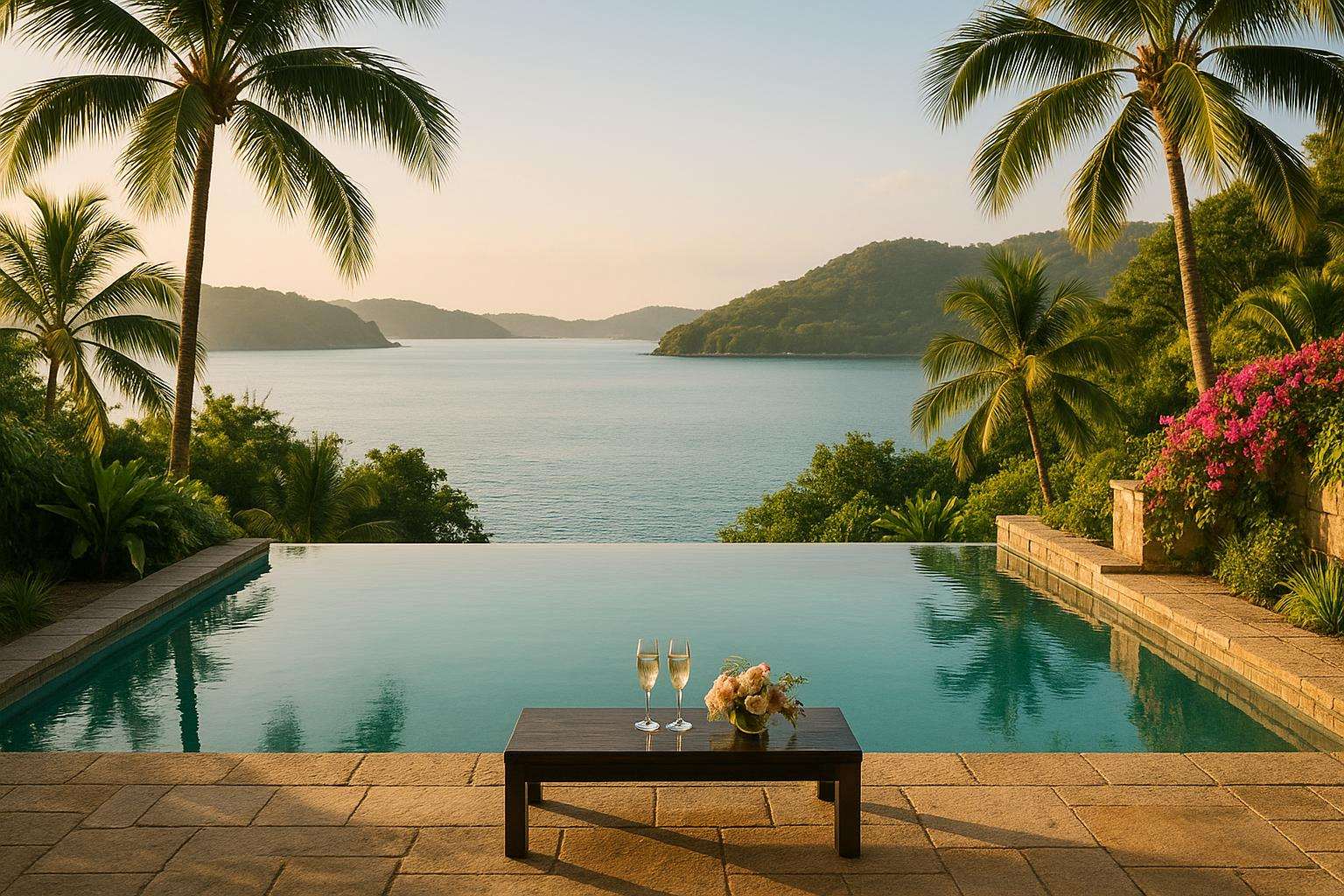 A private villa infinity pool surrounded by lush tropical palms, glowing in golden late-afternoon light over a turquoise bay