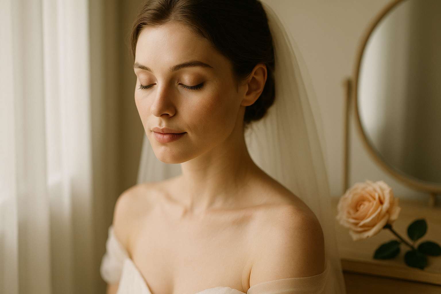 Bride's luminous complexion in soft window light on her wedding morning, skin glowing naturally with soft bridal makeup