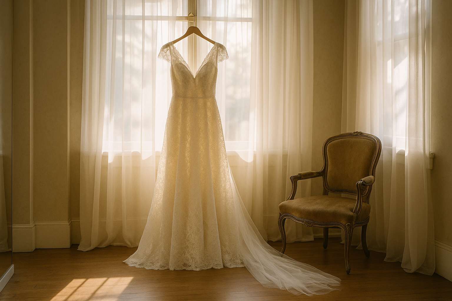 A lace wedding gown displayed on a hanger against soft natural light in a quiet bridal boutique, with tulle pooling gently on the floor beside a velvet chair