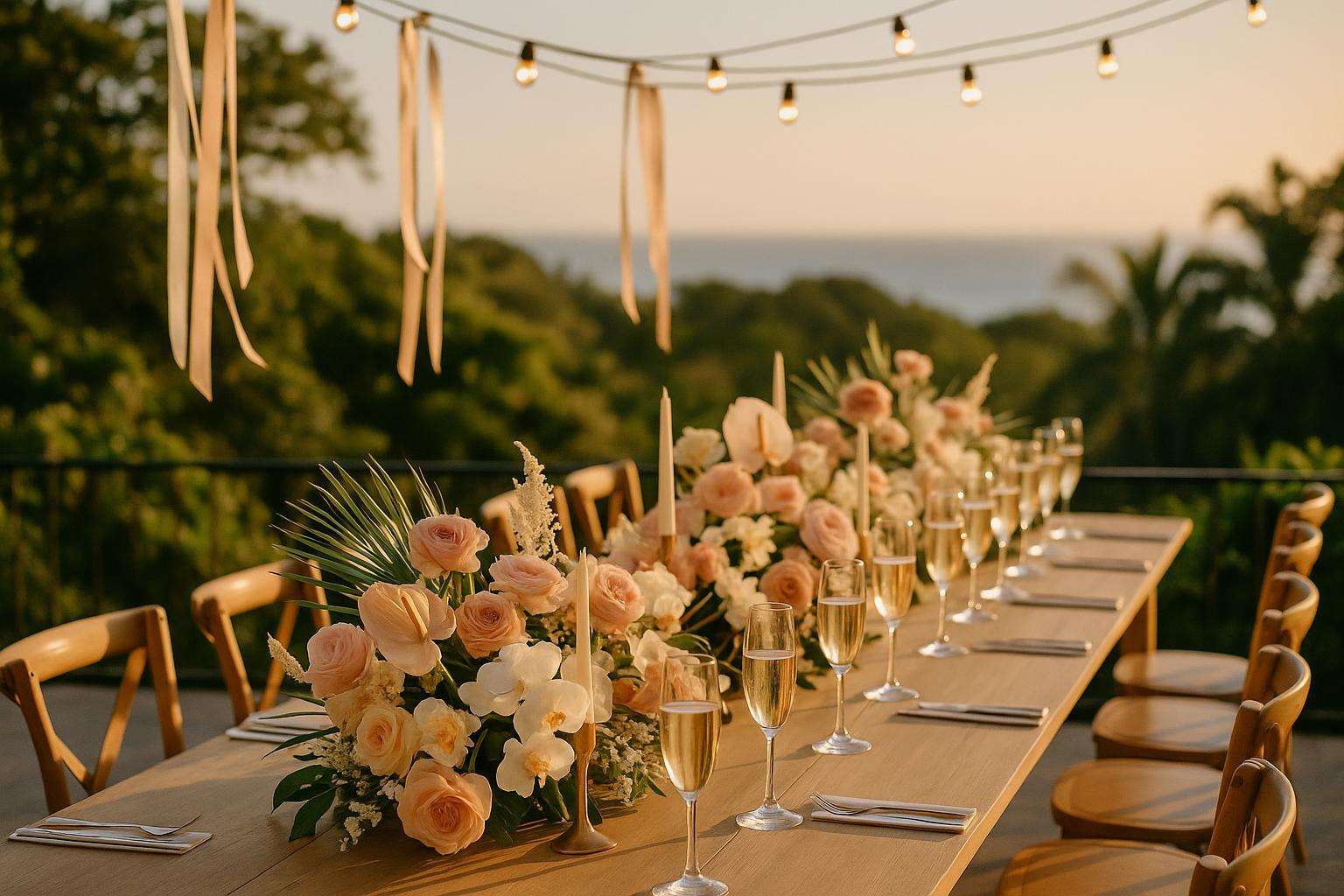 A festive outdoor terrace with bachelorette decorations, tropical drinks, and string lights at golden hour