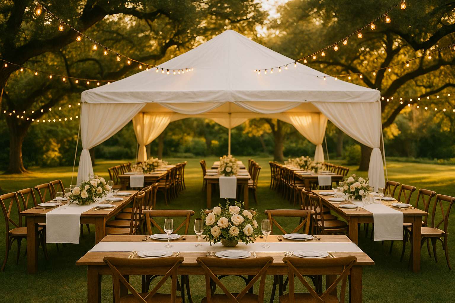 An elegantly decorated backyard garden wedding setup with white draped tent, soft string lights, and flower arrangements on round tables at golden hour