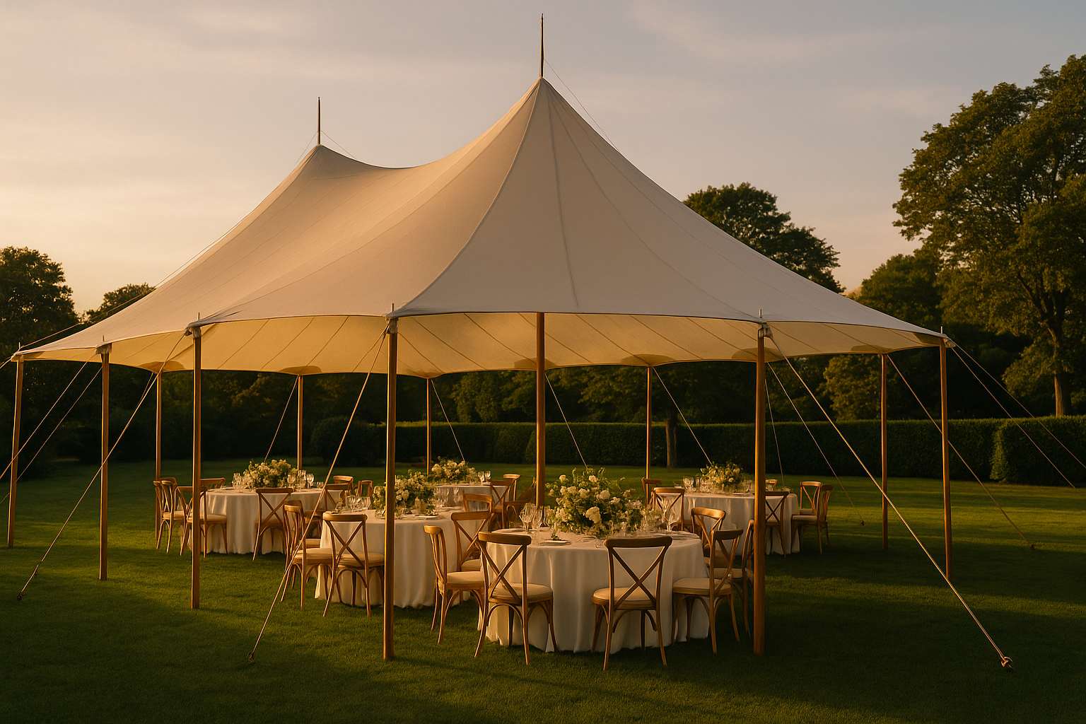 An elegantly set outdoor reception table beneath a white sailcloth tent on a private garden lawn, surrounded by lush greenery and soft afternoon light filtering through the canopy