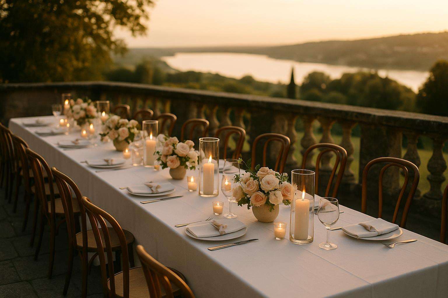 An elegantly set outdoor dinner table on a stone terrace overlooking a sunlit Italian lake at golden hour, white linens and garden roses as centerpieces