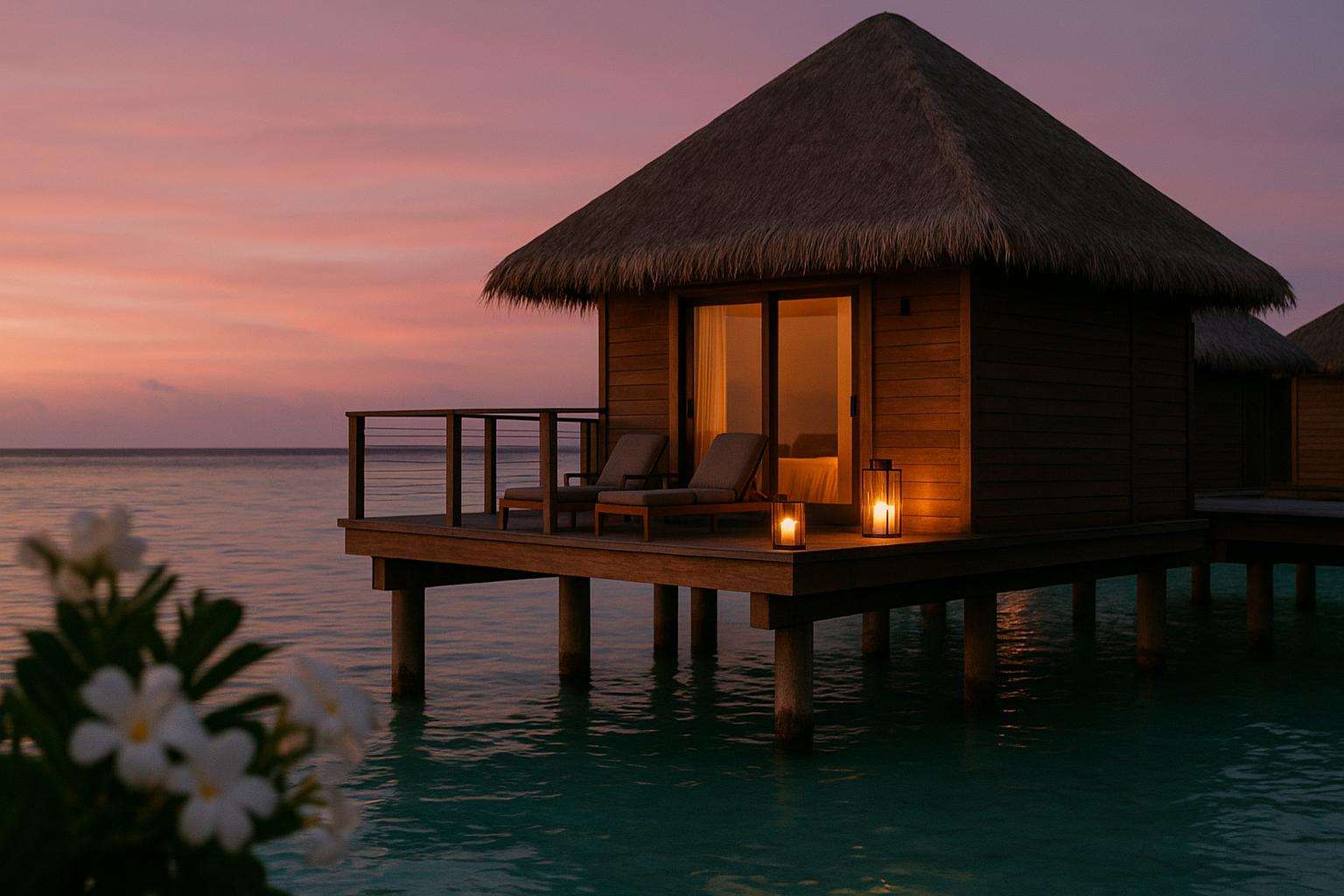 A candlelit overwater villa deck at dusk, soft coral sky reflected in calm turquoise water, tropical florals in the foreground