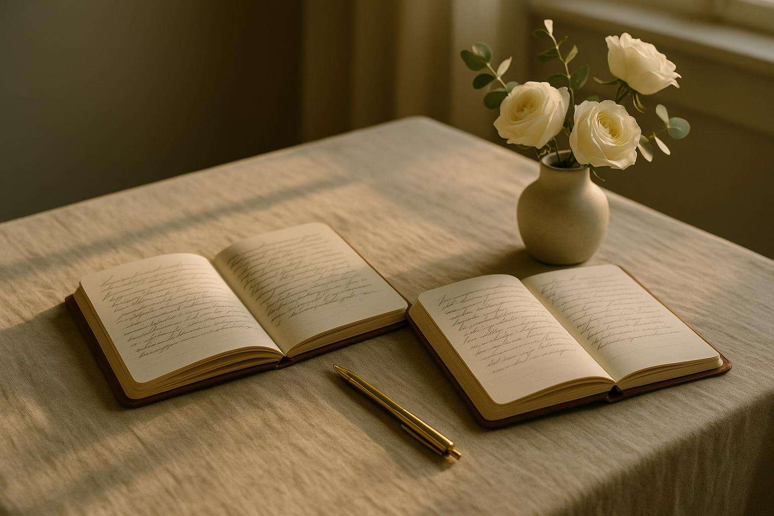 Two open journals with handwritten notes on a linen-covered table beside a small vase of white garden roses and warm afternoon window light, suggesting a couples reflection exercise