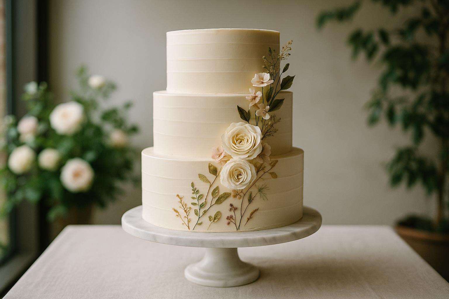 An elegant three-tier wedding cake with soft ivory buttercream, scattered edible flowers in pale pink and white, and a ribbon of sugar roses at the base, set on a marble cake stand beside fresh peonies