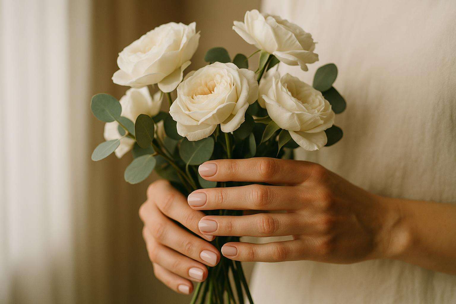 Close-up of elegant bridal hands holding a white garden rose bouquet, soft pearl and blush nail polish in focus, gentle morning light