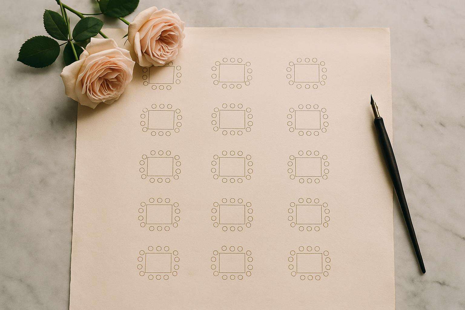 An overhead view of a beautifully hand-lettered wedding seating chart on parchment paper, surrounded by garden roses and a pen on a marble surface