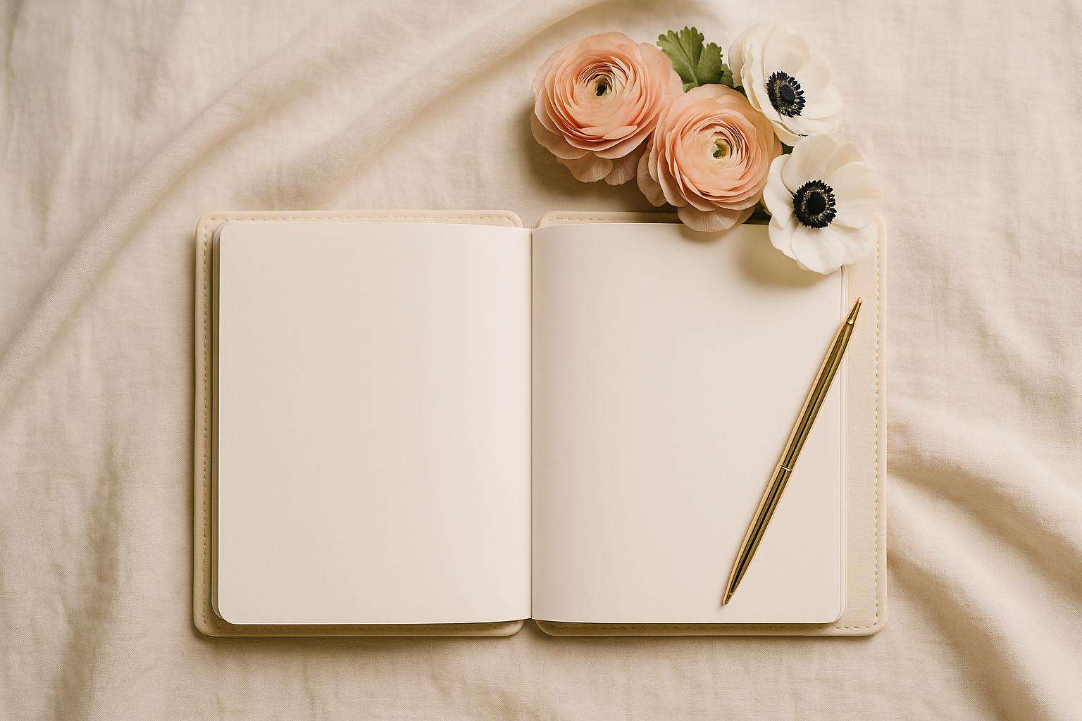 Two matching cream leather vow books open side by side on a linen surface beside a small bunch of blush ranunculus and a fine-tipped gold pen