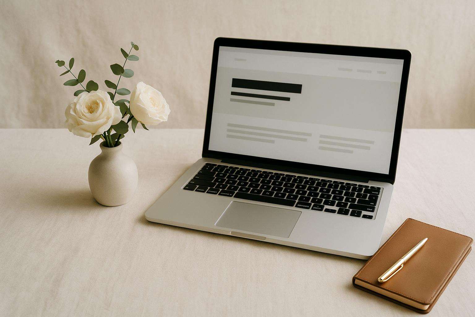A laptop open to a clean, elegant wedding website dashboard beside a bouquet of white roses and a wedding planning notebook in soft natural light