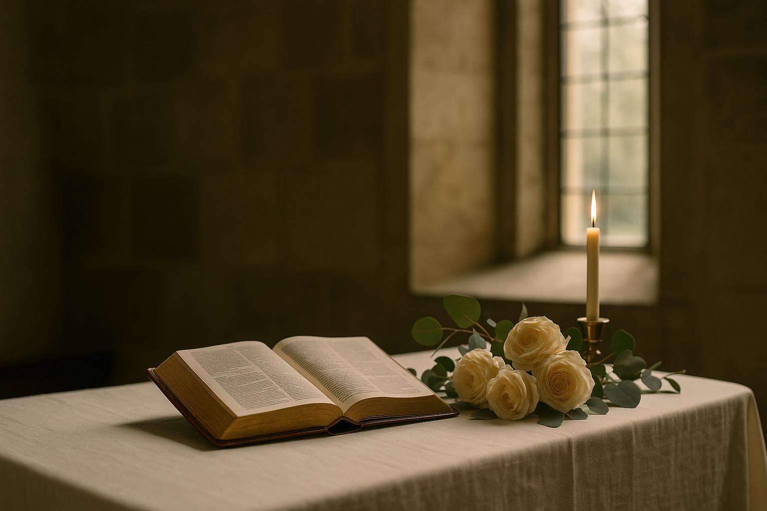 An open Bible resting on a white linen cloth beside fresh white roses and a lit taper candle in a softly lit chapel setting