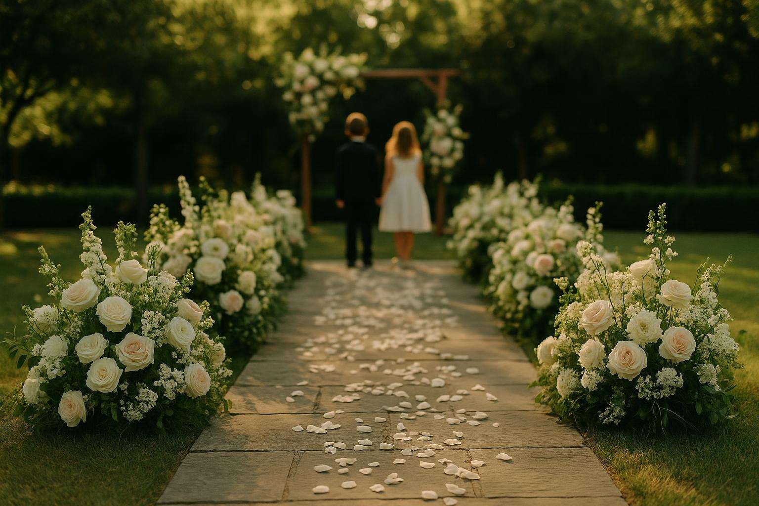 A warm outdoor wedding ceremony with small children scattering petals on a floral-lined aisle while soft golden afternoon light falls across the scene
