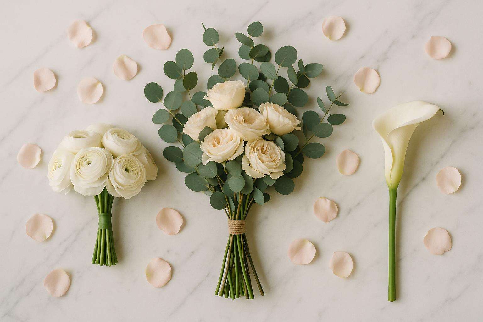 A collection of different bridal bouquet styles arranged on a marble surface, showcasing round, cascading, and loose garden styles in soft white and blush tones