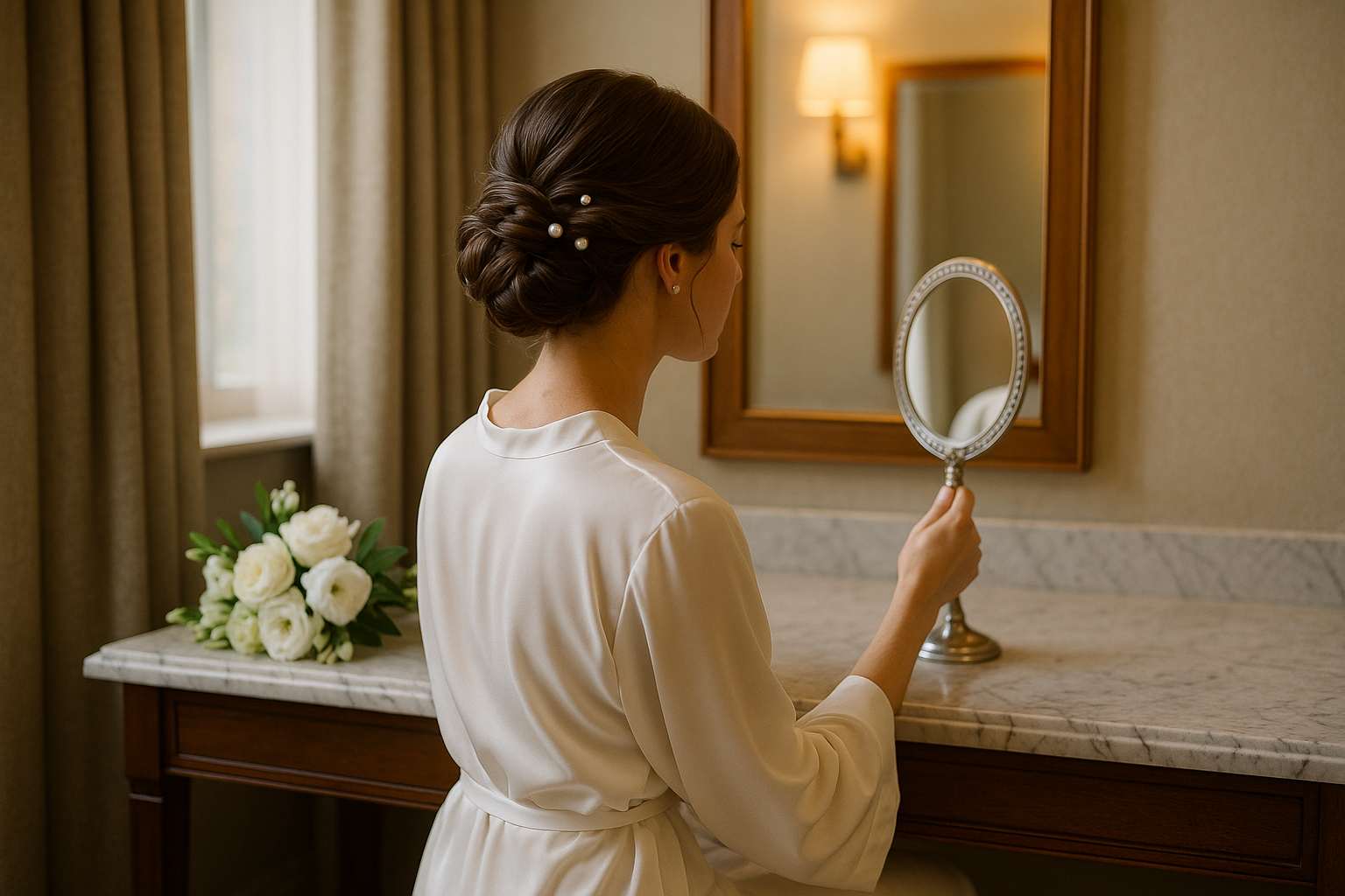 A bride seated at a salon mirror with soft natural light, her hair styled in an elegant updo with delicate pearl pins, a white robe draped over her shoulders and fresh flowers on the vanity