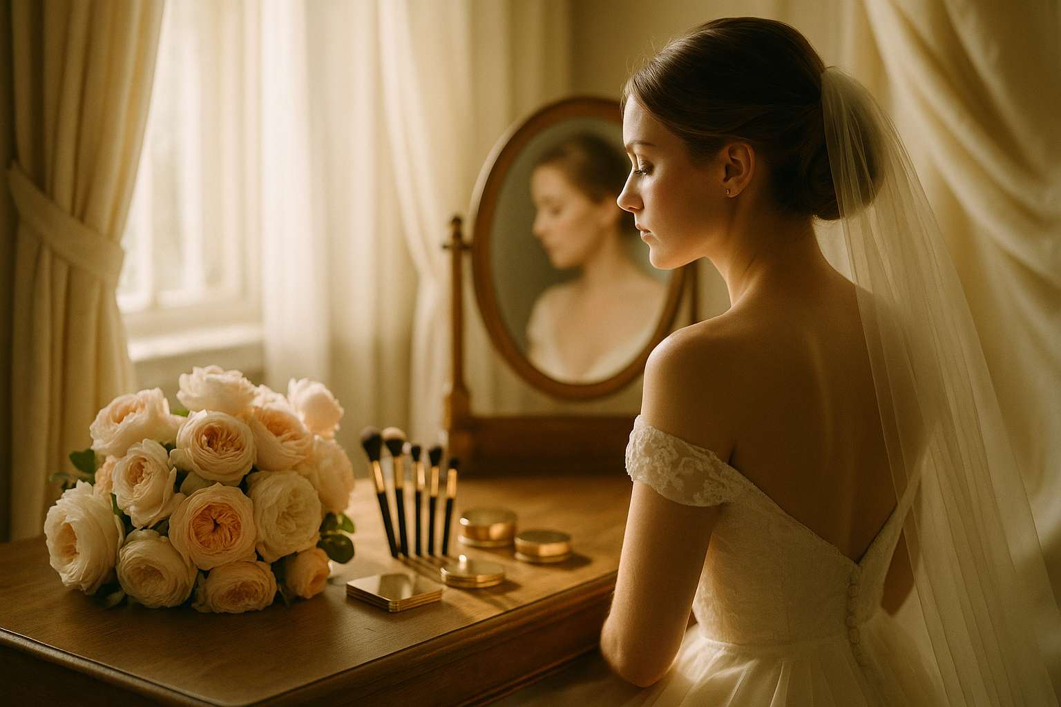 Bride sitting at a dressing table in soft morning light, surrounded by fresh florals, while a makeup artist works on her luminous complexion