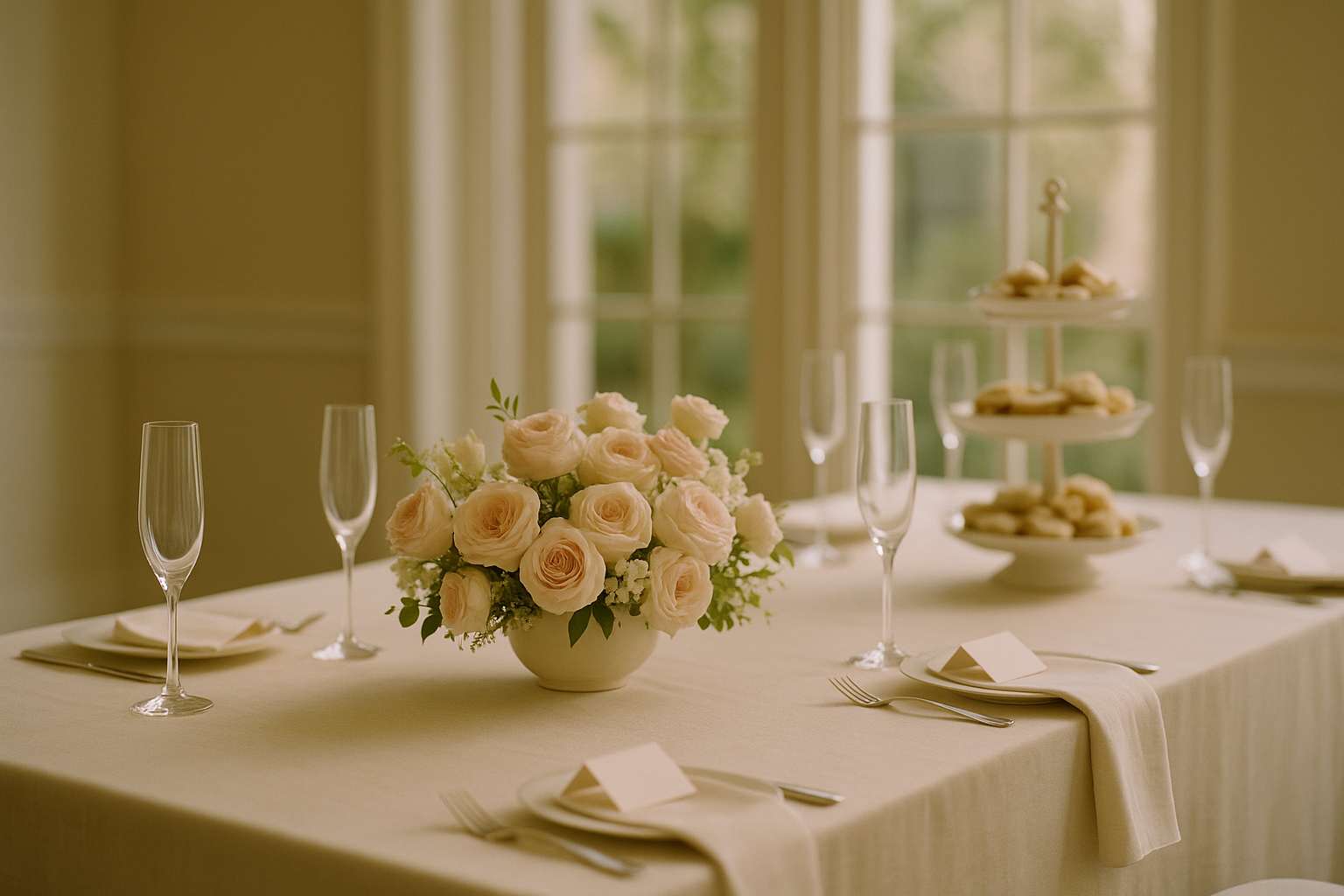 An elegant bridal shower table set with pink peonies, tiered desserts, champagne flutes, and soft linen in a sunlit room