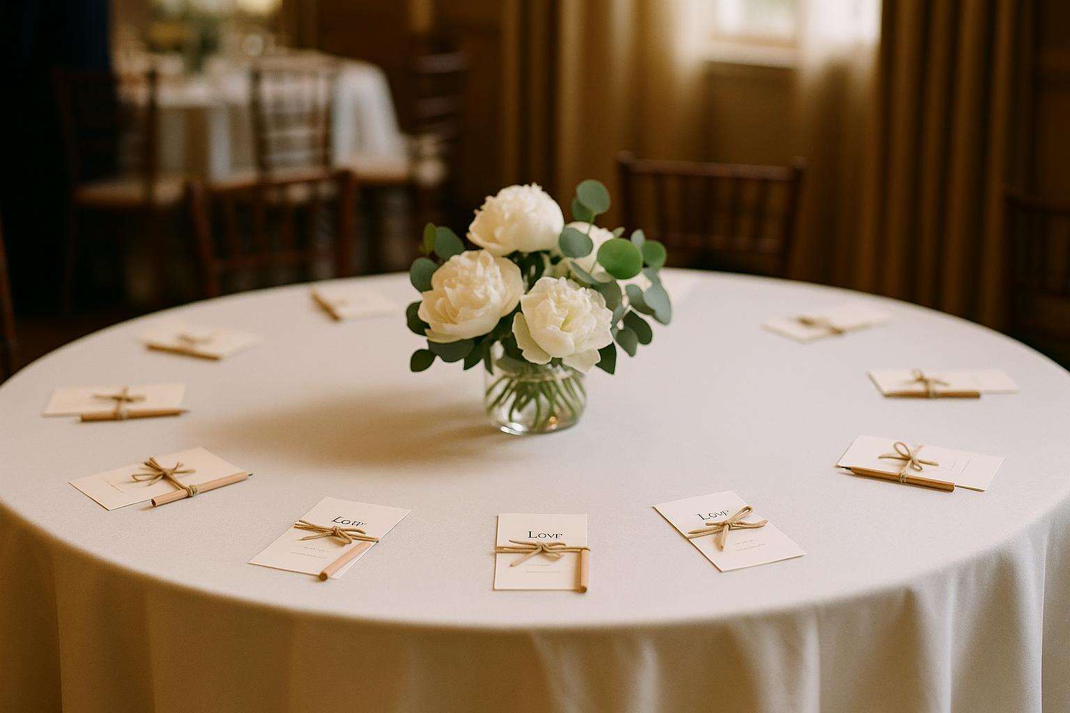 A beautifully set bridal shower table with printable game cards, small pencils, and a floral centerpiece of white peonies and greenery