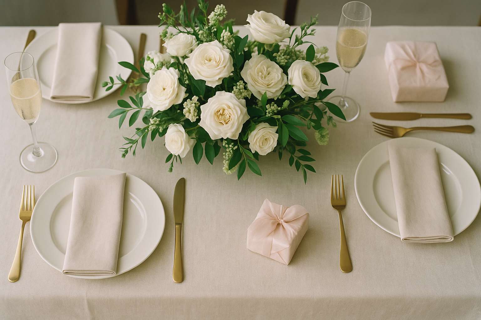 A sunlit bridal shower tablescape with white garden roses, champagne flutes, pastel macarons, and linen napkins on a marble table near tall windows