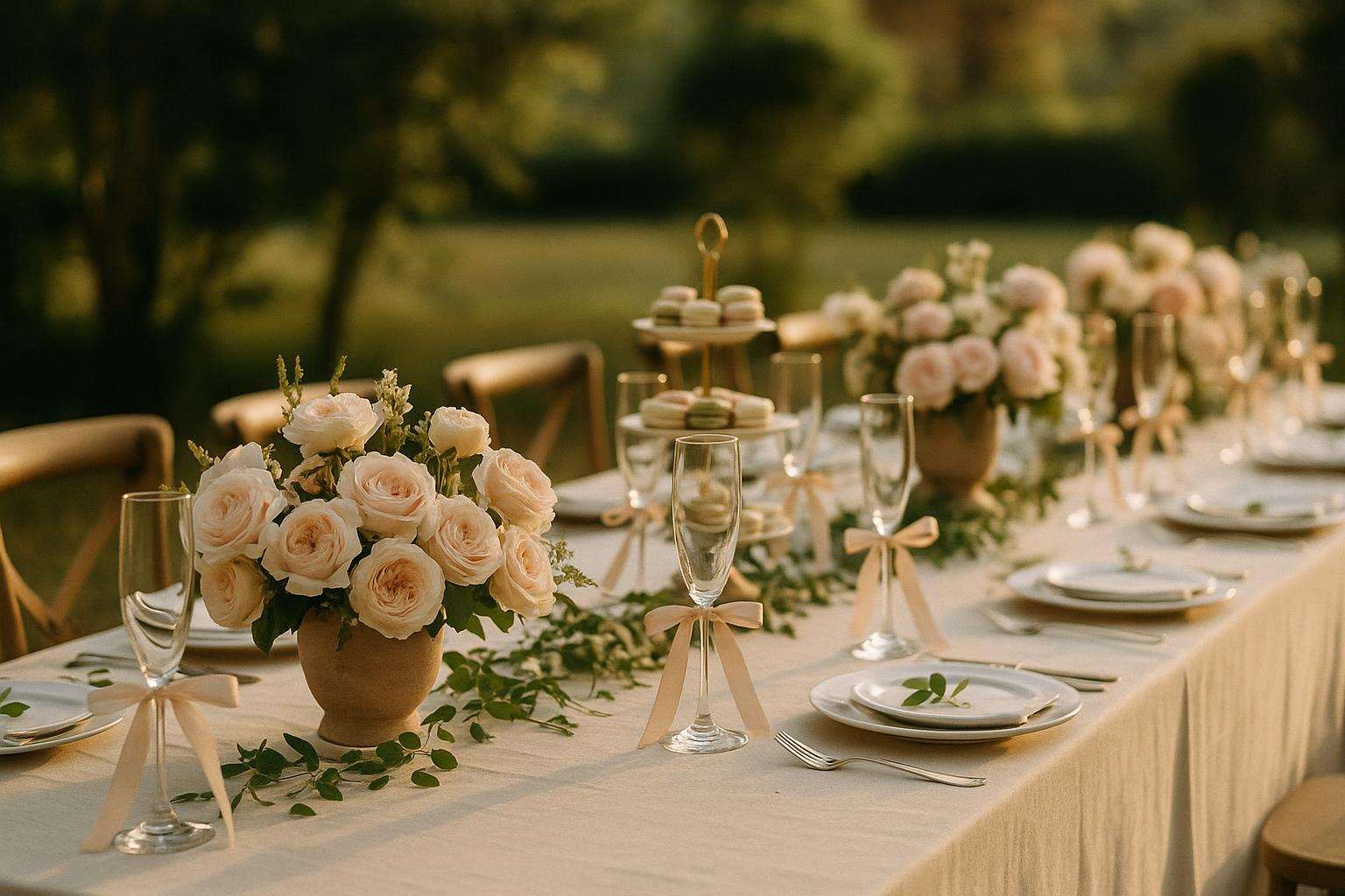 A beautifully styled bridal shower table with garden roses, soft ribbon details, pastel florals, and champagne glasses in warm natural light