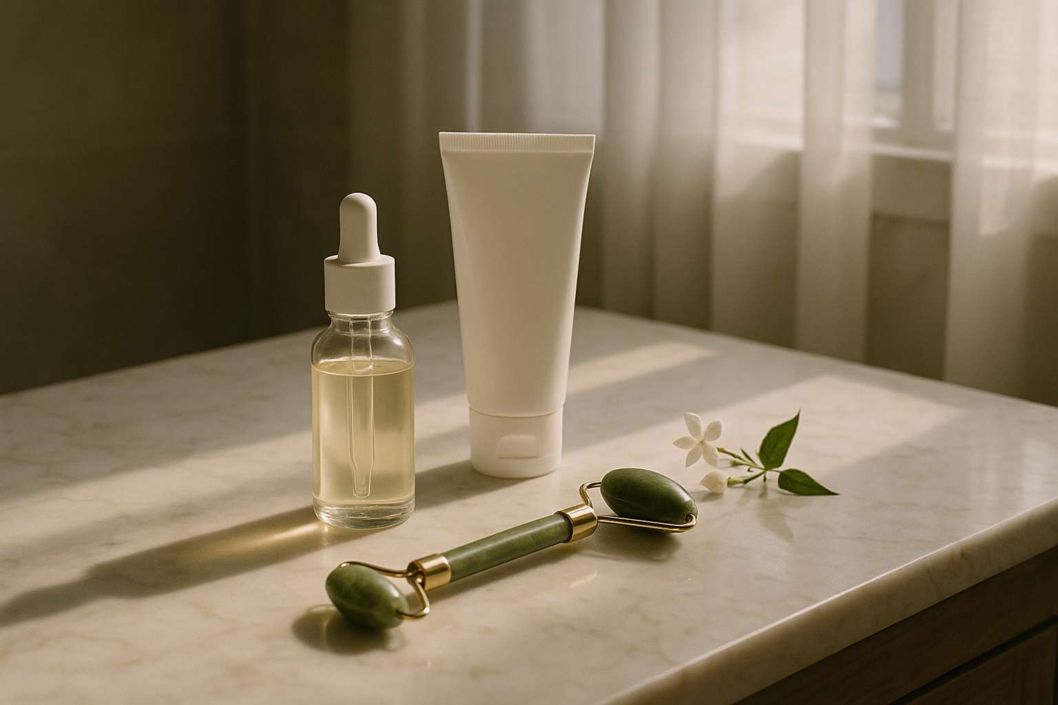 A marble bathroom vanity with neatly arranged skincare products — a vitamin C serum, SPF moisturizer, and jade roller — bathed in soft morning light beside a window with sheer curtains and a sprig of white jasmine