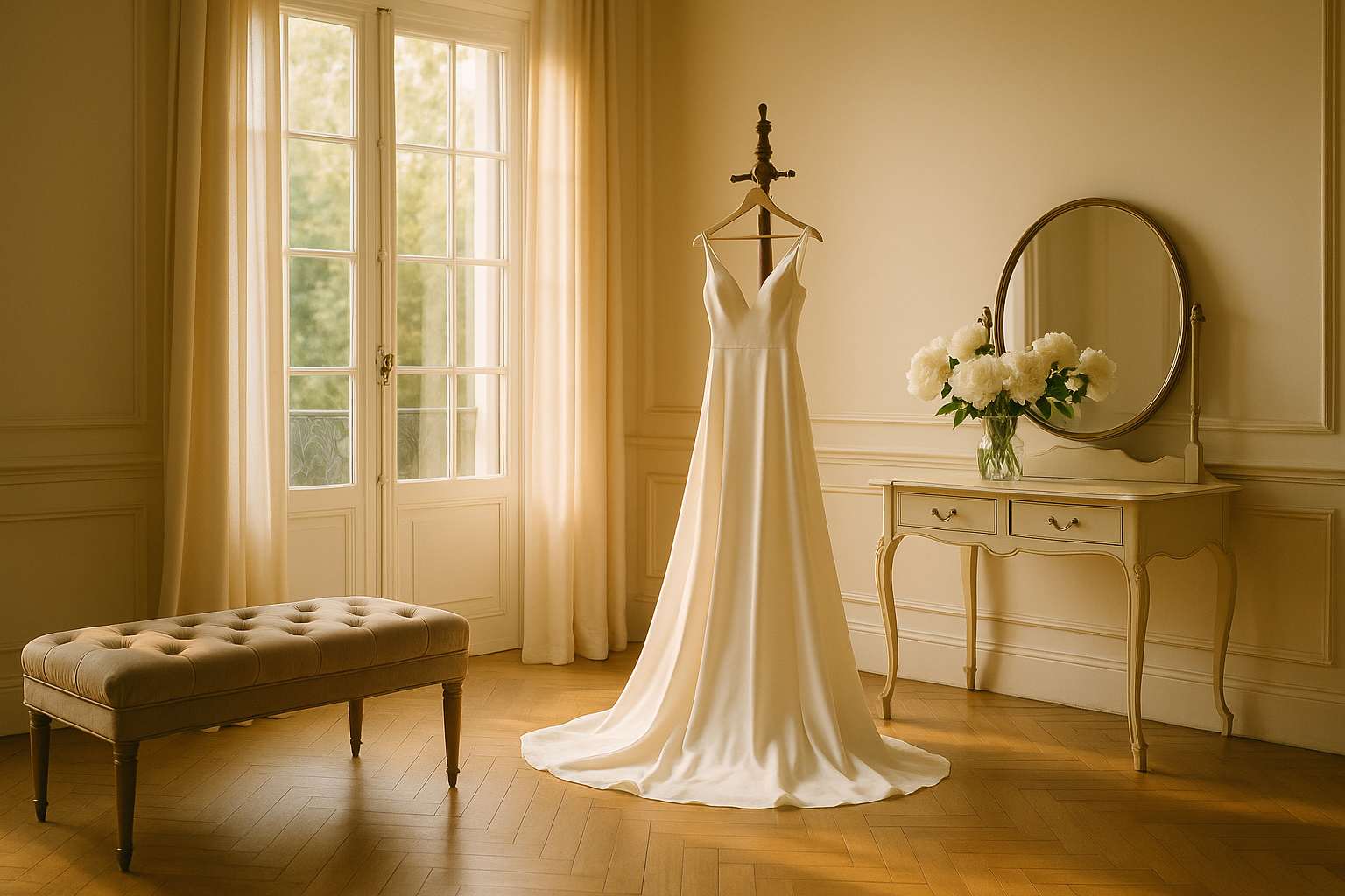 A beautifully lit bridal suite with a full-length mirror, fresh flowers on a vanity, and ivory gown hanging near a tall window in soft morning light
