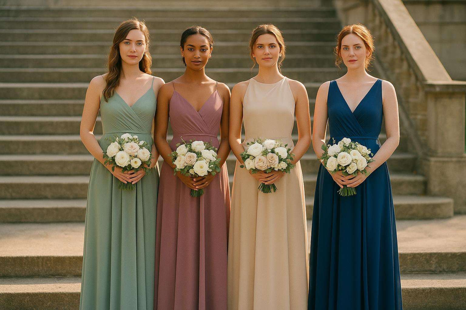 Four bridesmaids in dusty sage, dusty mauve, champagne, and deep blue chiffon gowns standing on stone steps in warm afternoon light, holding white and blush bouquets