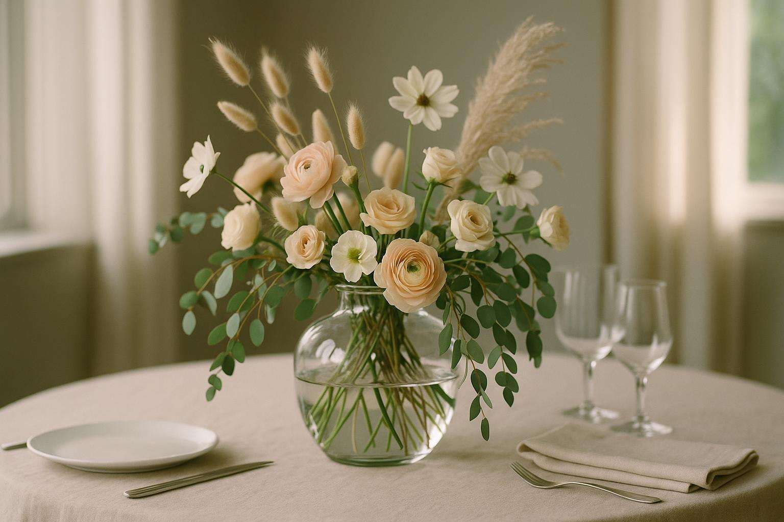 A lush, abundant wedding table centerpiece made of seasonal wildflowers, eucalyptus, and pampas grass in a simple glass vase — naturally beautiful and budget-conscious