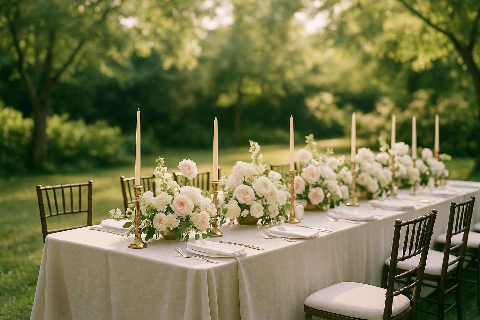 A beautifully styled bridal gathering with pink flowers, candles, and white and gold decorations on a garden terrace in soft morning light