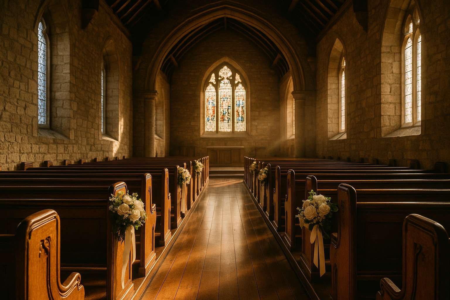 The interior of a sunlit stone church nave with white floral arrangements on the pew ends and golden afternoon light streaming through stained glass windows