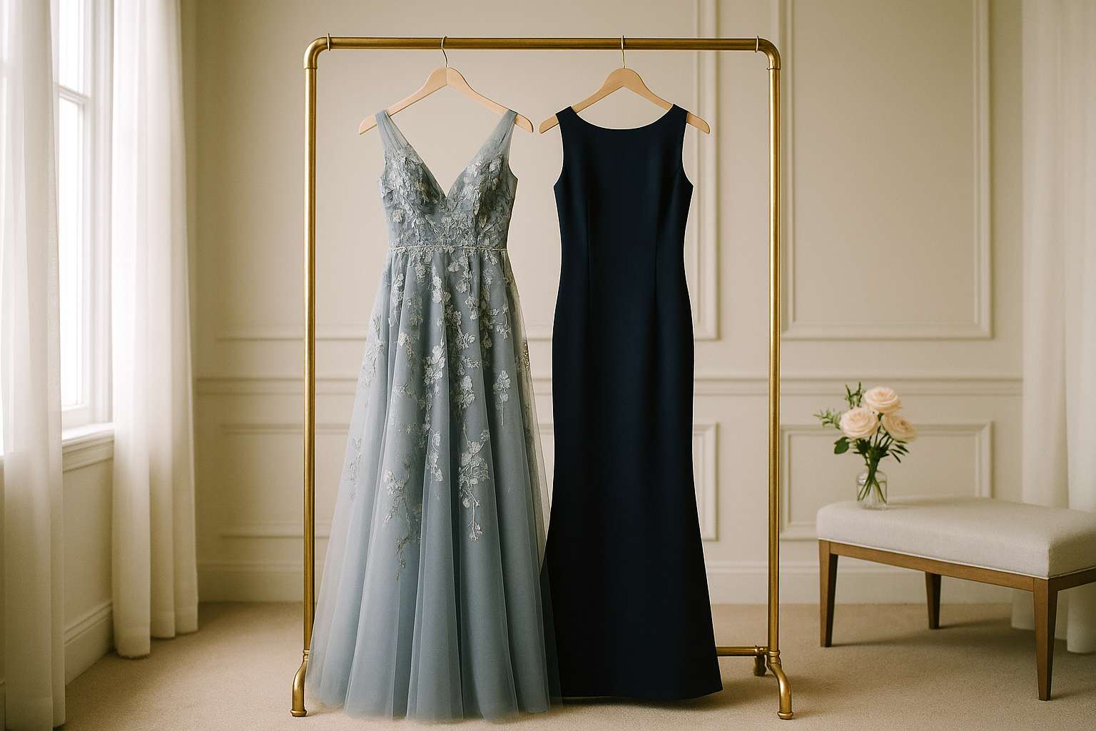 Two elegant floor-length gowns in coordinating dusty blue and soft navy hanging side by side in a bridal boutique dressing room, lit by warm natural light from a tall window