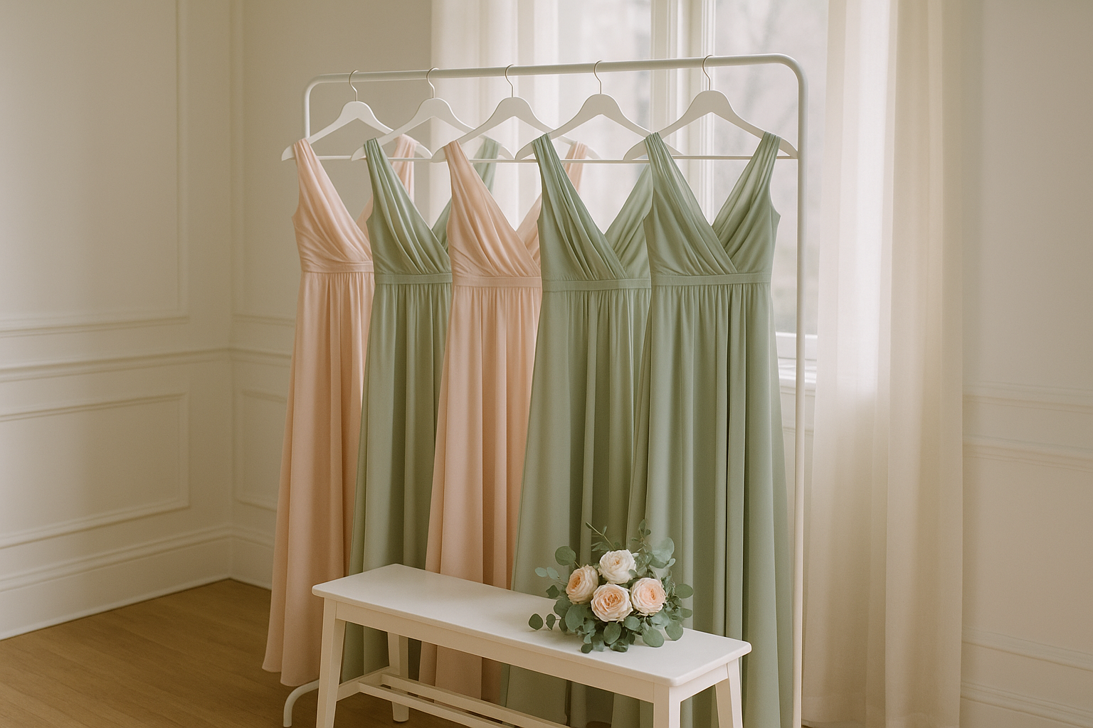 A row of blush bridesmaid dresses hanging on a garment rack beside a sunlit window, with a small bouquet of garden roses resting on a wooden bench nearby