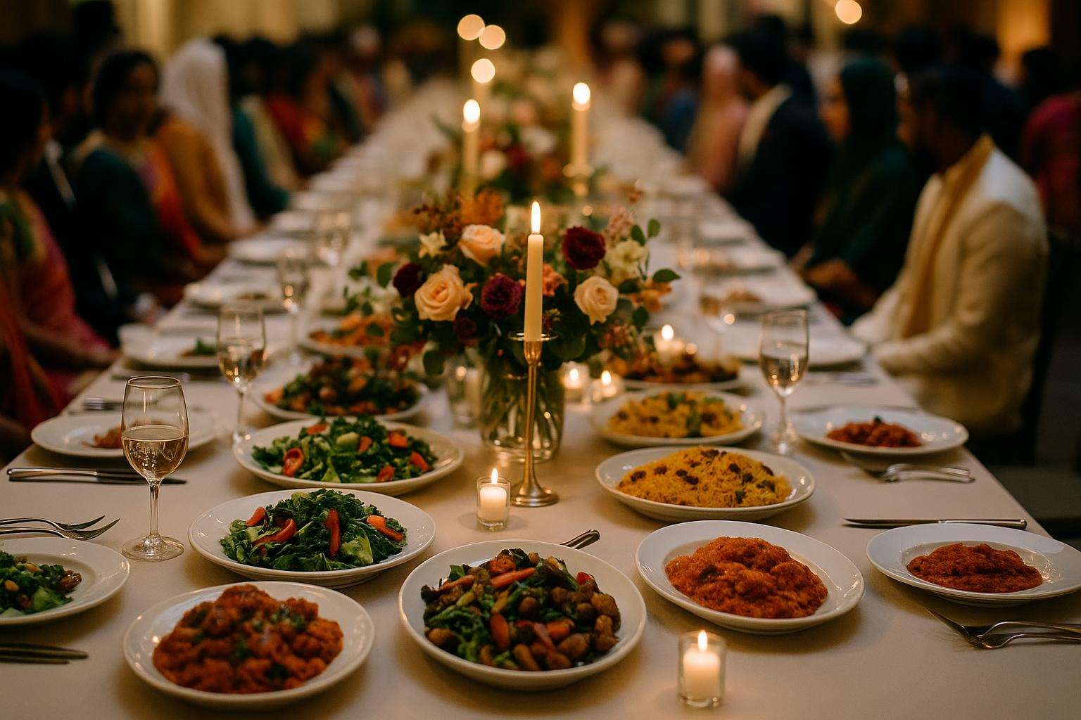 A beautifully set wedding reception banquet table displaying a variety of colorful international dishes, vibrant florals, and candlelight at a multicultural celebration.