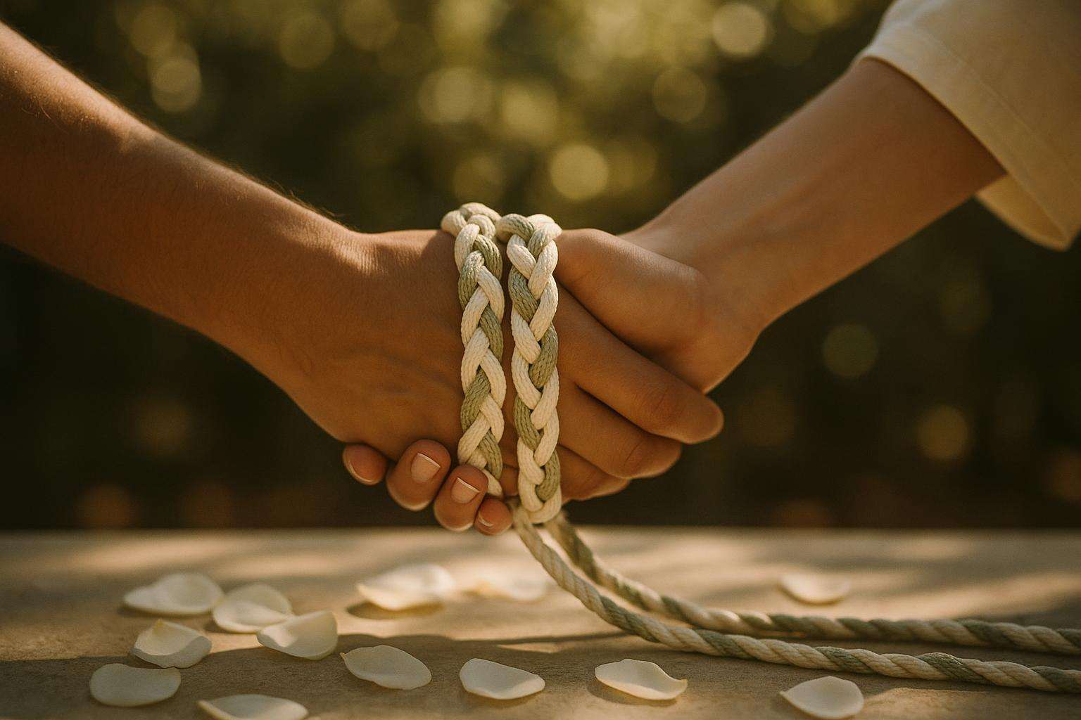 A close detail of hands tied with an ornate braided cord during a handfasting ceremony in a sunlit garden with soft floral arrangements in the background