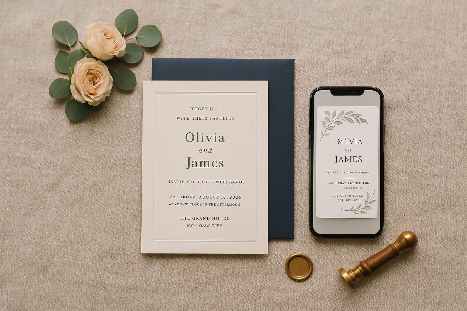 A flat lay of a crisp cream wedding invitation suite on a linen surface beside a smartphone displaying an elegant digital invitation, surrounded by garden roses and a wax seal stamp