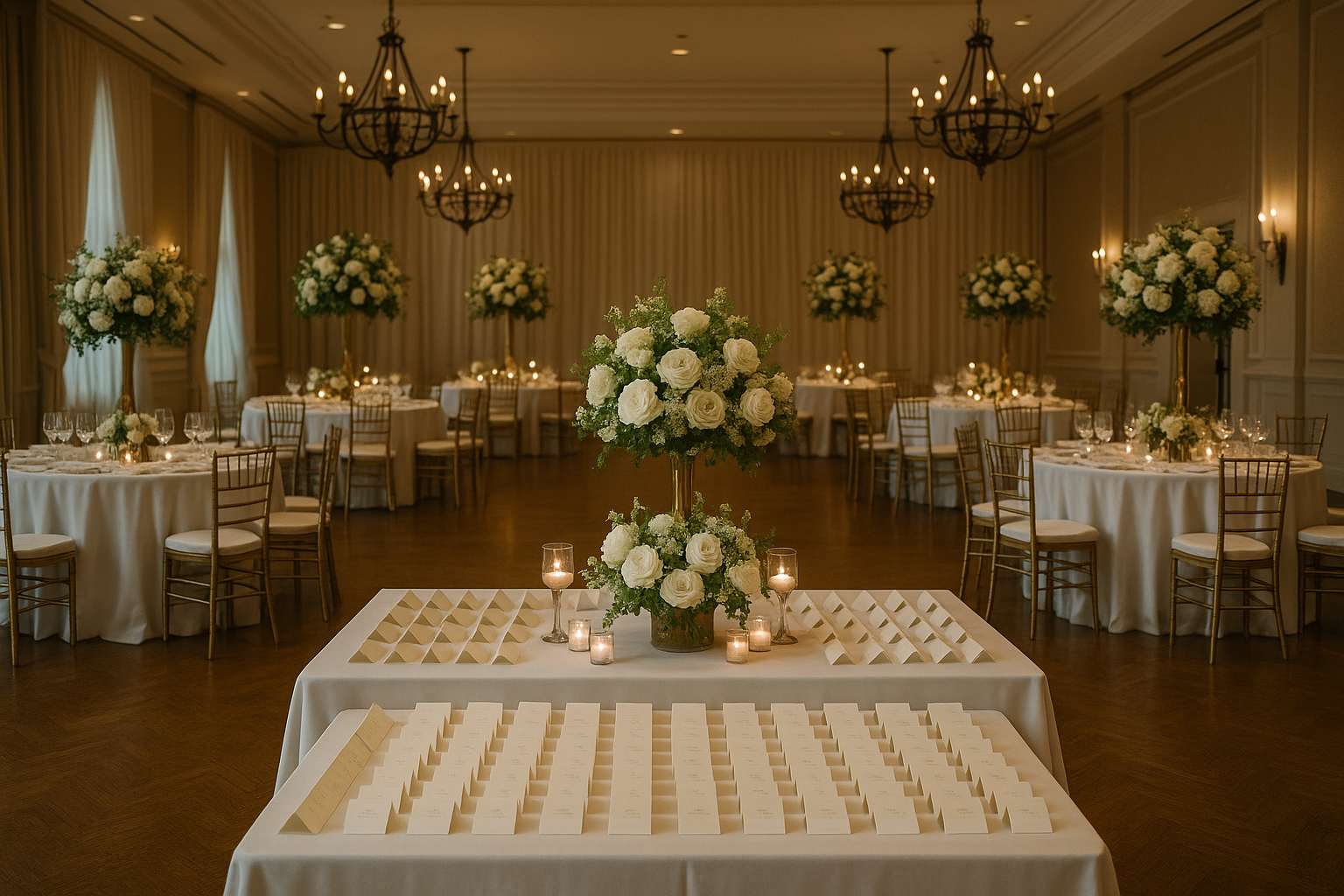Elegantly set wedding reception tables with floral centerpieces and calligraphed place cards in a warmly lit ballroom