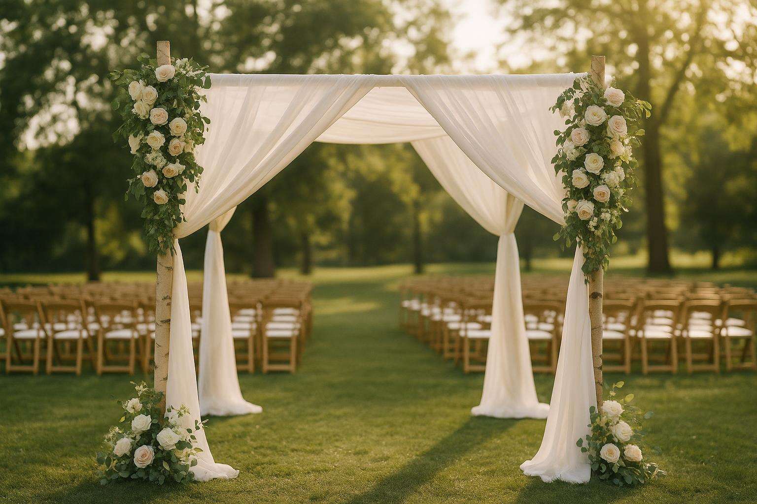 A beautiful wooden chuppah draped with white fabric and cascading floral garlands at an outdoor Jewish wedding ceremony, surrounded by soft natural light