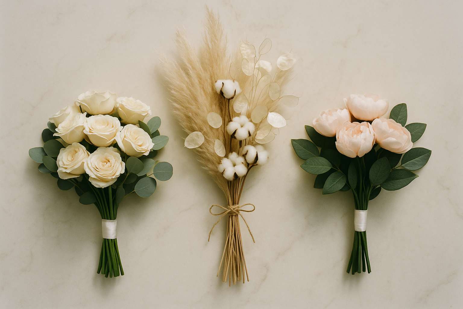 Three wedding bouquets side by side — one of fresh garden roses, one of dried pampas and lunaria, one of premium silk peonies — arranged on a marble surface in soft natural light