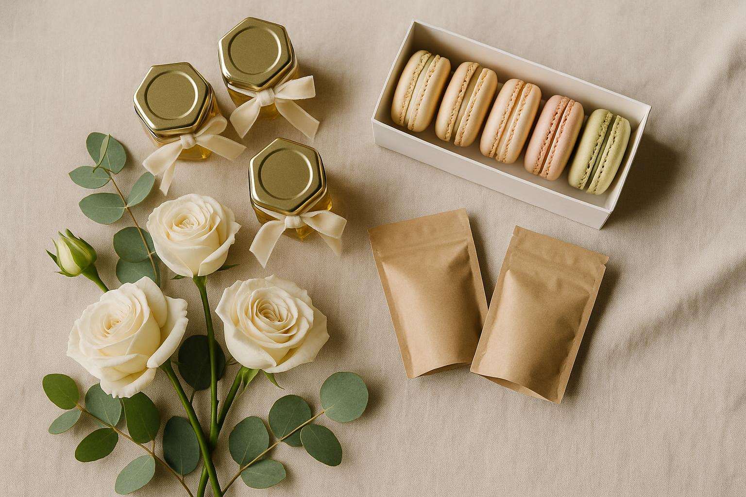 An elegant tablescape with small glass honey jars tied with cream ribbon, scattered macarons, and mini kraft-paper coffee bags arranged as wedding favors among floral centerpieces