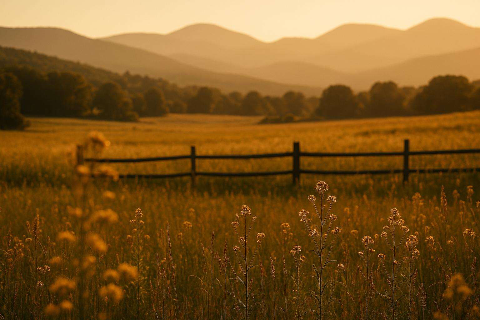 Two pairs of intertwined hands resting on a rustic wooden fence in front of a golden hour wildflower meadow with mountains softly blurred in the background