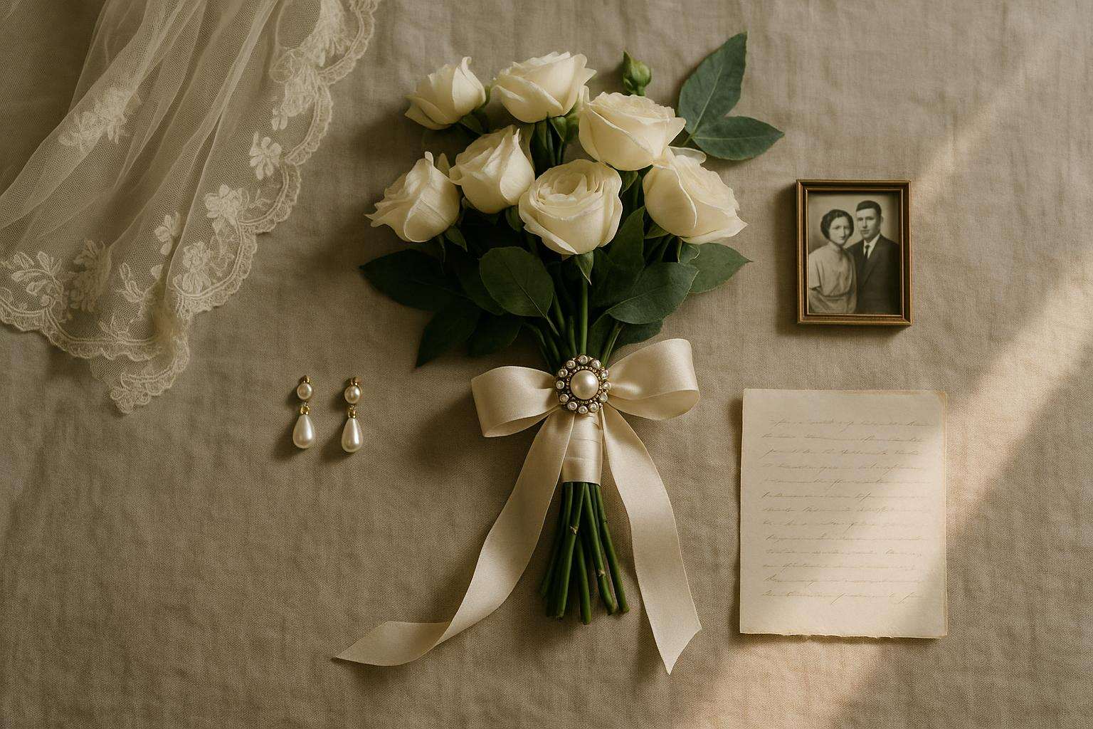 A flat lay of meaningful wedding details on a linen surface: a vintage lace veil, pearl earrings, a handwritten letter, a small framed family photograph, and a bouquet with a brooch pinned to its stem