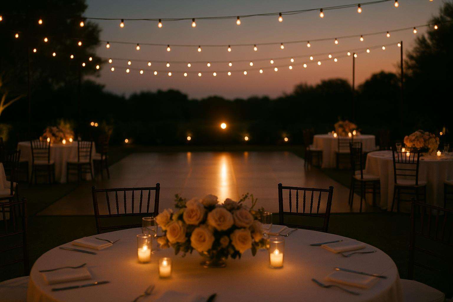 Soft-focus wedding reception dance floor bathed in warm spotlight with romantic candlelight and floral arrangements in the foreground