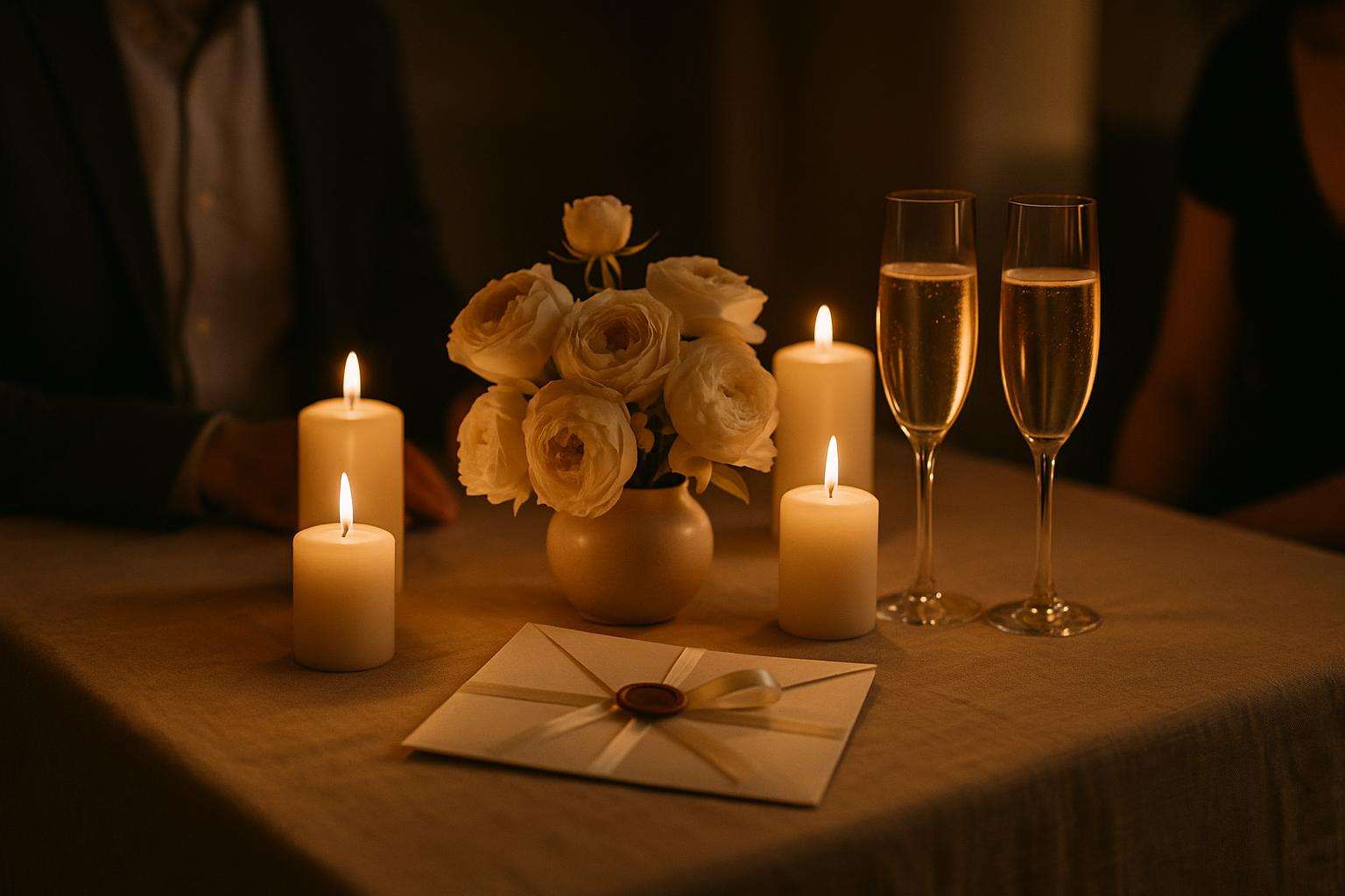 A couple's hands opening a beautifully wrapped paper anniversary gift on a candlelit table set with flowers, champagne flutes, and an envelope tied with ribbon