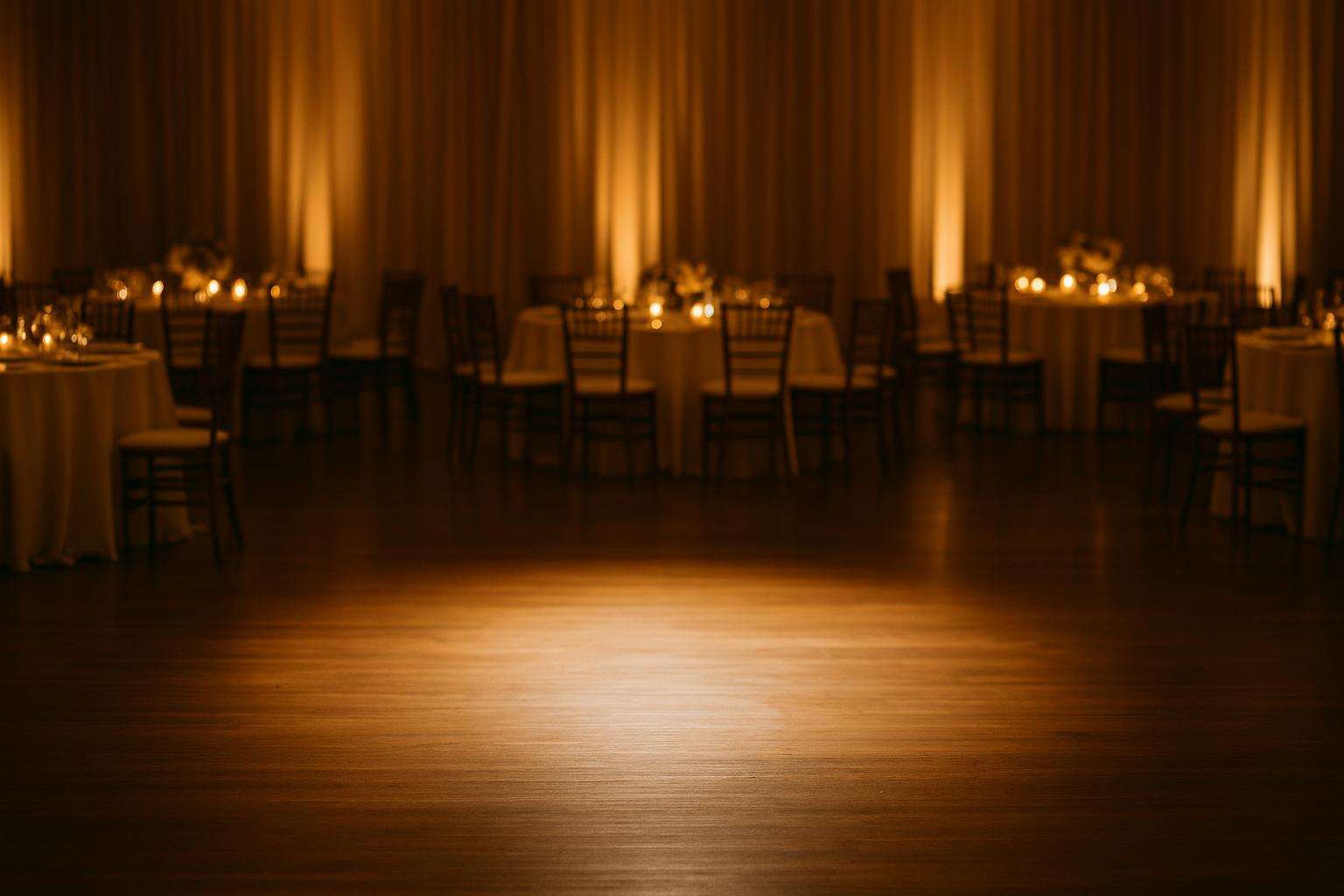 A couple sharing their first dance on a softly lit ballroom floor with candlelit reception tables in the background