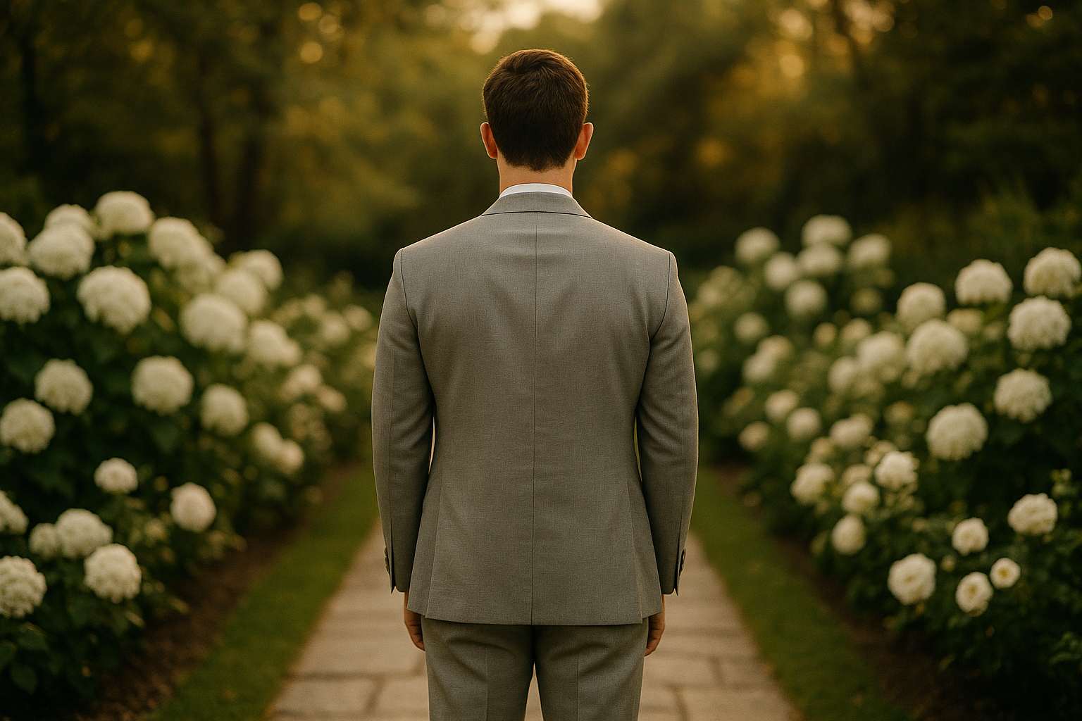 A groom standing with his back to a sun-drenched garden path, soft bokeh of white florals behind him, awaiting the bride's first-look arrival