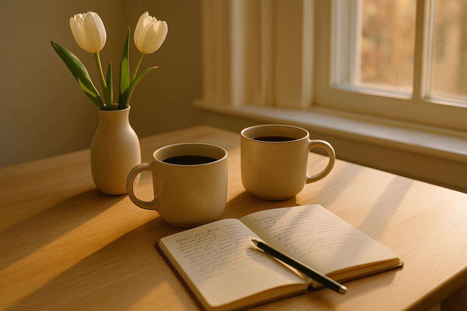 A couple's matching coffee mugs and an open journal on a sunlit kitchen table beside a small vase of white tulips — a quiet morning ritual