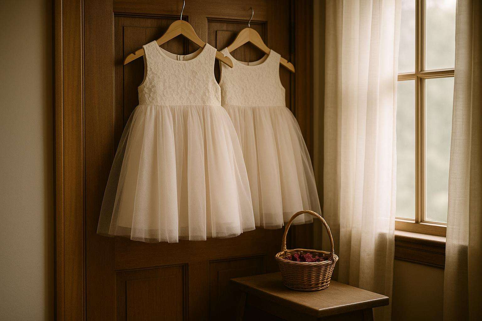 A pair of small white flower girl dresses hanging on a hanger against soft natural light, with a basket of rose petals nearby