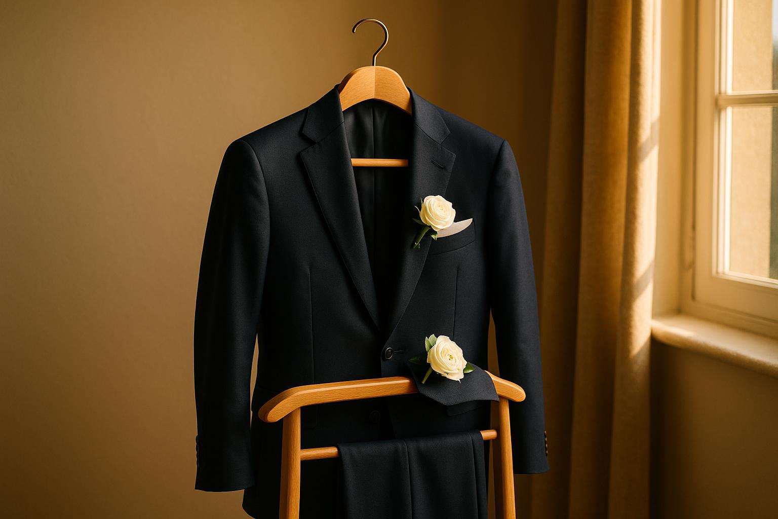 A beautifully tailored navy suit with a white boutonniere and silk pocket square displayed on a wooden hanger in warm natural light