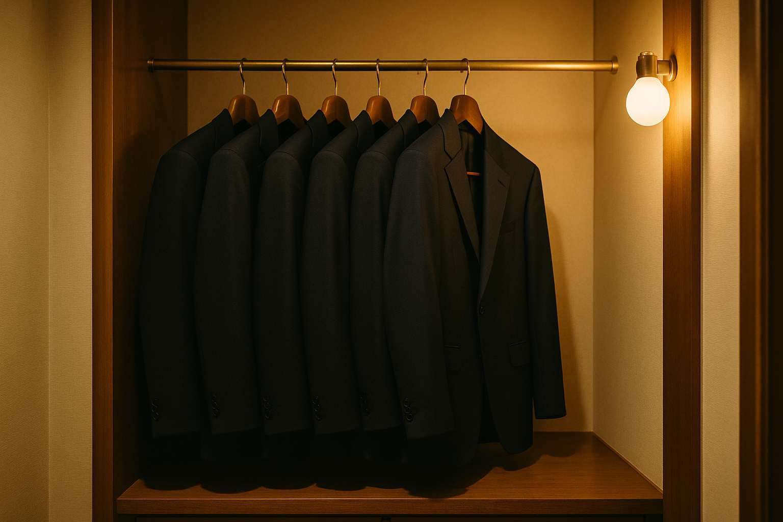 A row of elegant navy suit jackets and one deeper midnight blue jacket with a velvet lapel hanging on wooden hangers in a softly lit dressing room with warm light